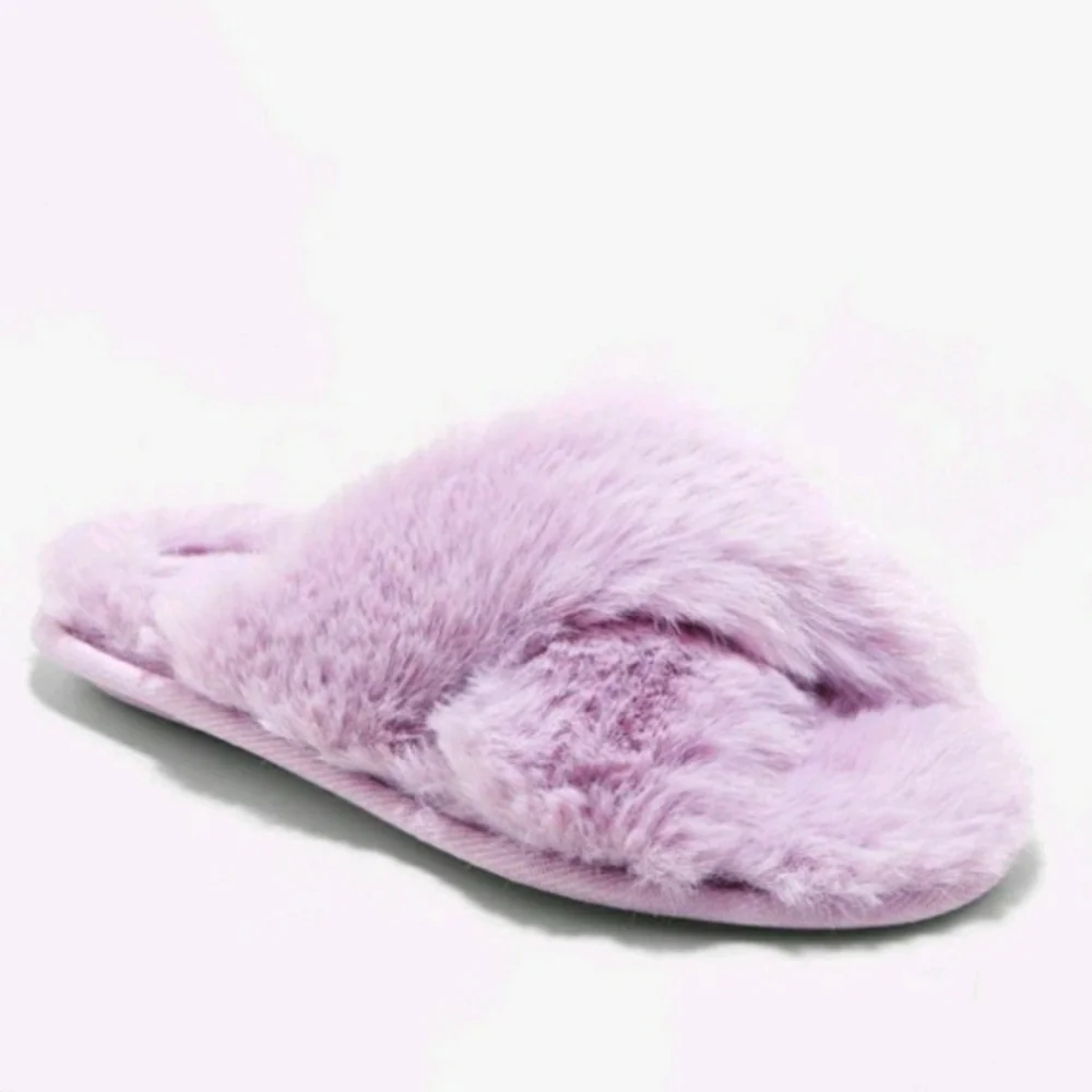 Cat & Jack Purple Brooklyn Crossband Faux Fur Slippers Size L (4/5)
